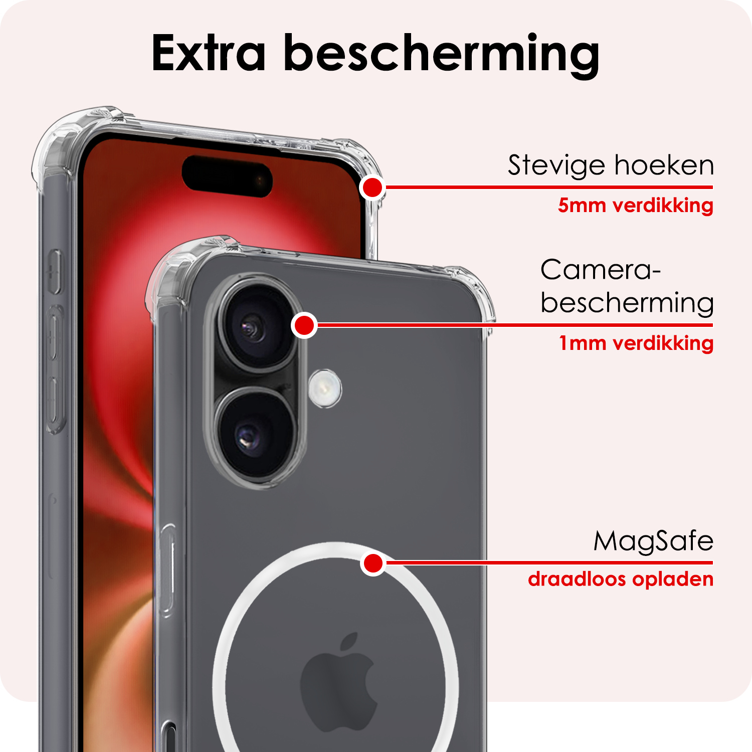 NoXx Hoes Geschikt voor iPhone 16 Plus Hoesje Geschikt voor Magsafe Hoesje Cover Shock Proof Case Met Screenprotector - Transparant