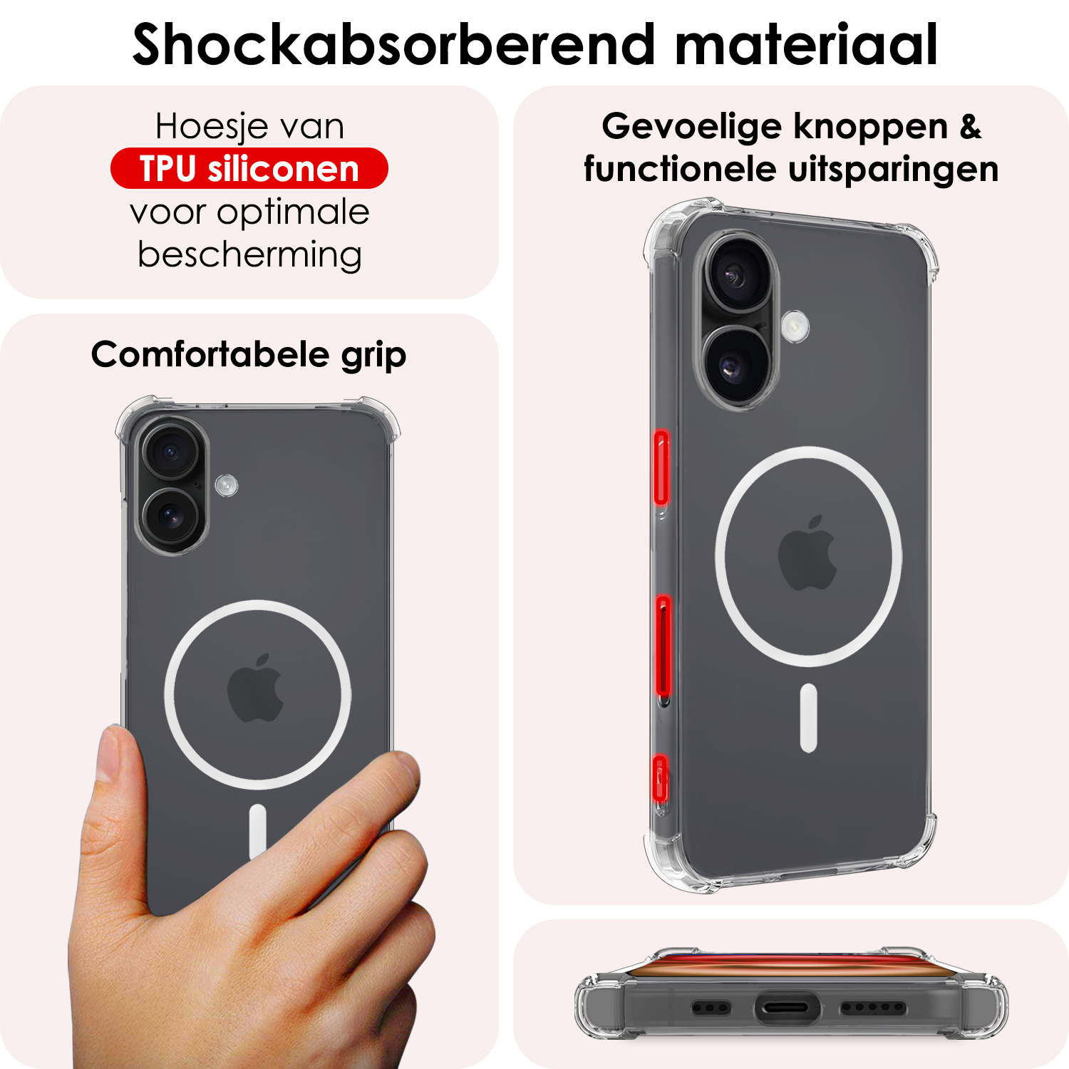 NoXx Hoes Geschikt voor iPhone 16 Plus Hoesje Geschikt voor Magsafe Hoesje Cover Shock Proof Case Met 2x Screenprotector - Transparant