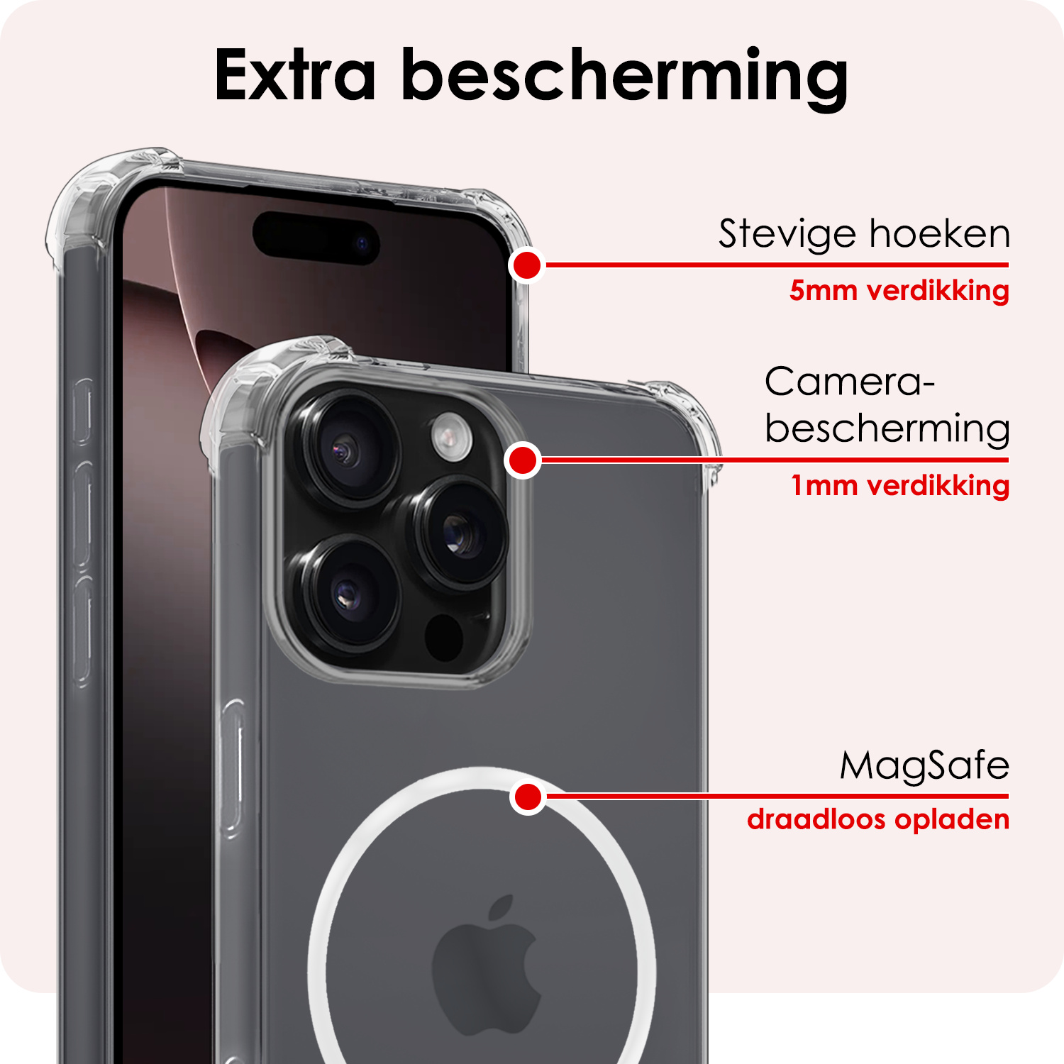 NoXx Hoes Geschikt voor iPhone 16 Pro Hoesje Geschikt voor Magsafe Hoesje Cover Shock Proof Case Met 2x Screenprotector - Transparant