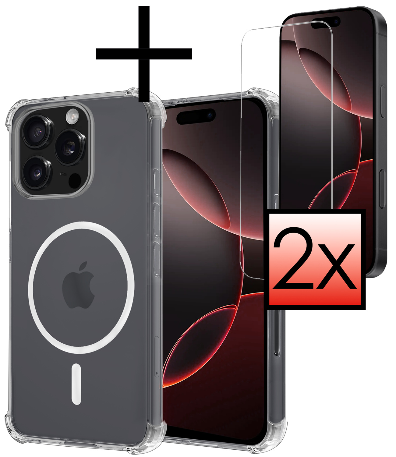 NoXx Hoes Geschikt voor iPhone 16 Pro Max Hoesje Geschikt voor Magsafe Hoesje Cover Shock Proof Case Met 2x Screenprotector - Transparant