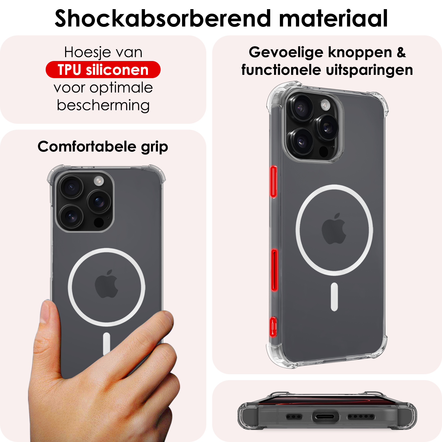 NoXx Hoes Geschikt voor iPhone 16 Pro Max Hoesje Geschikt voor Magsafe Hoesje Cover Shock Proof Case Met 2x Screenprotector - Transparant
