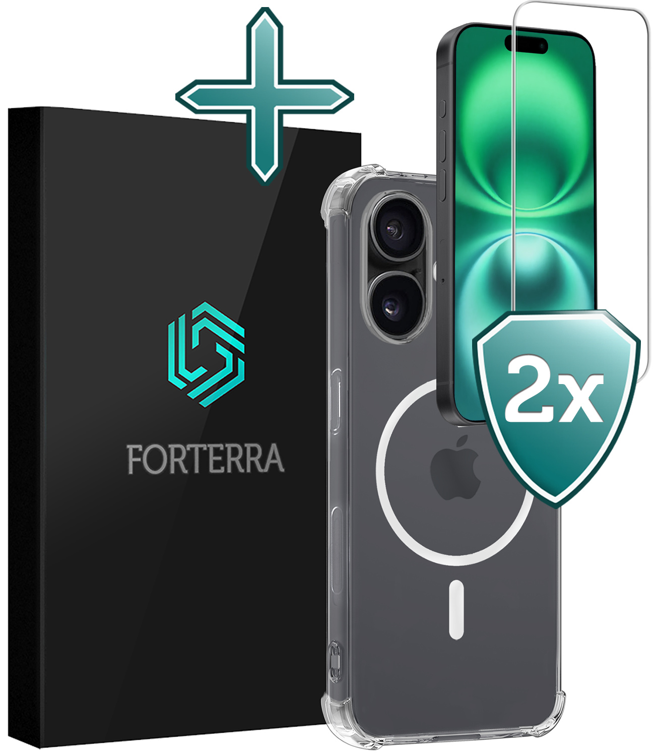 Forterra Hoesje Geschikt voor iPhone 16 Plus MagSafe Shock Proof Case Back Cover Met 2x Screenprotector - Hoes Geschikt voor iPhone 16 Plus Met MagSafe Shockproof Telefoonhoesje - Transparant