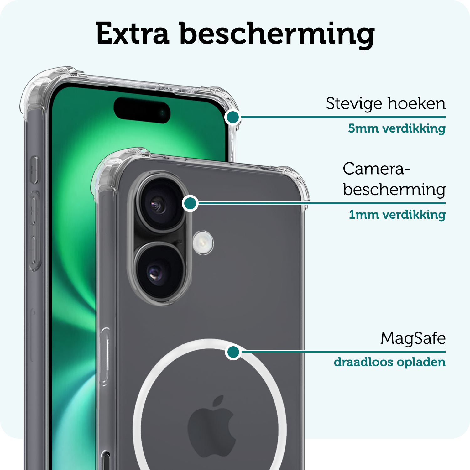 Forterra Hoesje Geschikt voor iPhone 16 Plus MagSafe Shock Proof Case Back Cover Met 2x Screenprotector - Hoes Geschikt voor iPhone 16 Plus Met MagSafe Shockproof Telefoonhoesje - Transparant