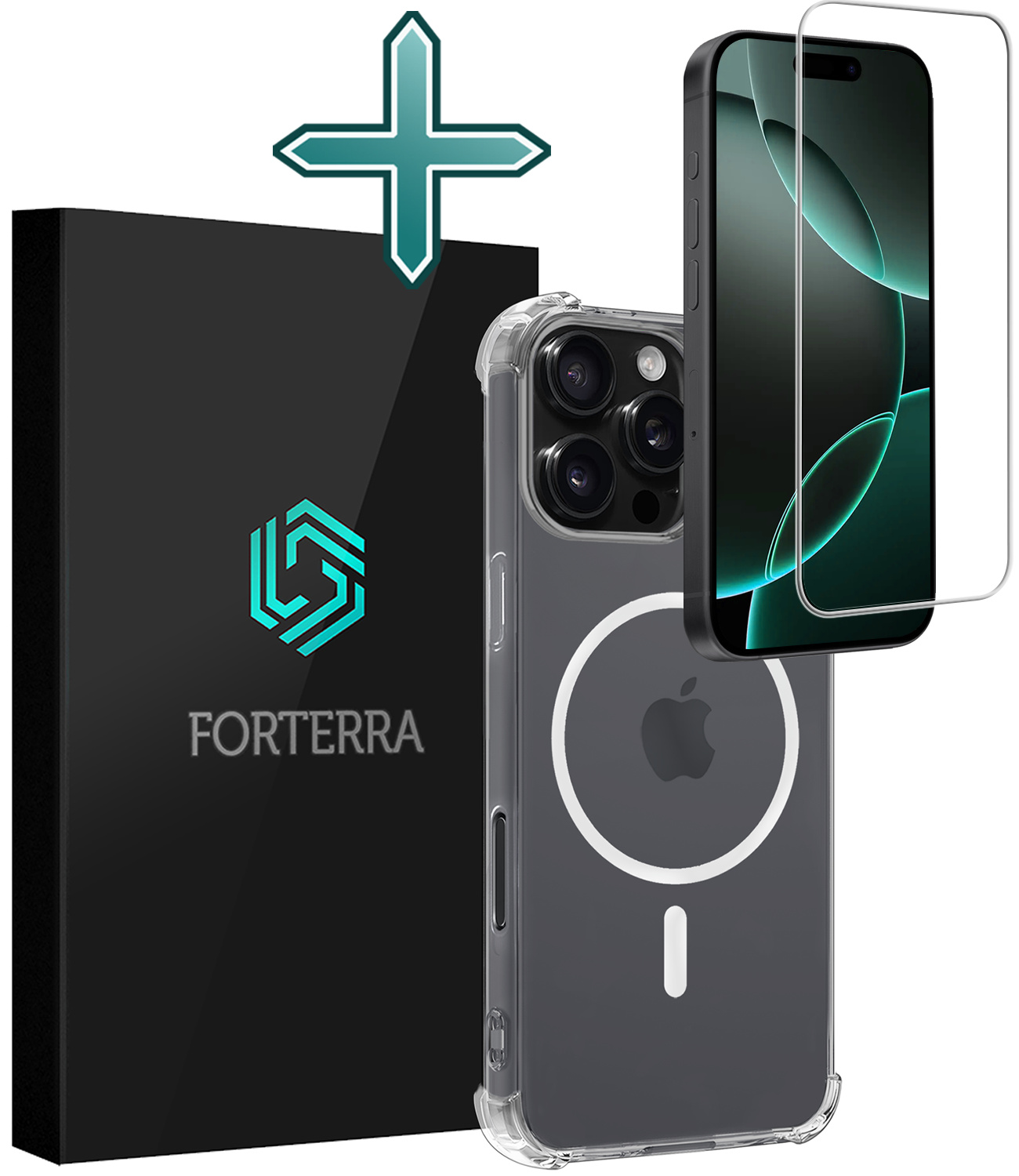Forterra Hoesje Geschikt voor iPhone 16 Pro MagSafe Shock Proof Case Back Cover Met Screenprotector - Hoes Geschikt voor iPhone 16 Pro Met MagSafe Shockproof Telefoonhoesje - Transparant