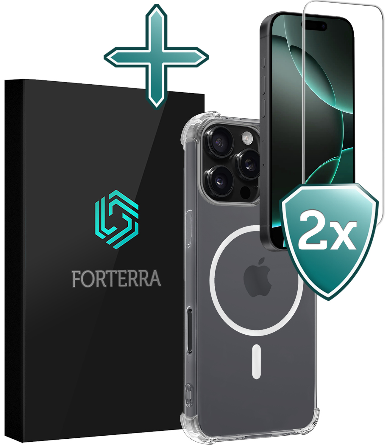Forterra Hoesje Geschikt voor iPhone 16 Pro MagSafe Shock Proof Case Back Cover Met 2x Screenprotector - Hoes Geschikt voor iPhone 16 Pro Met MagSafe Shockproof Telefoonhoesje - Transparant