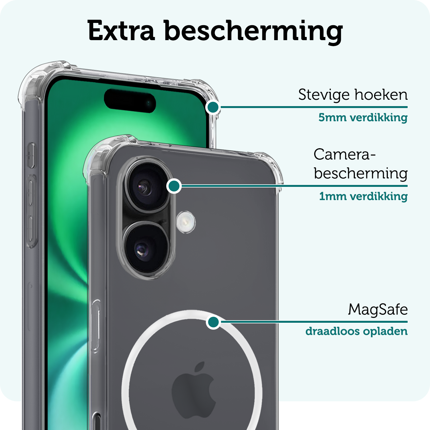 Forterra Hoesje Geschikt voor iPhone 16 MagSafe Shock Proof Case Back Cover - Hoes Geschikt voor iPhone 16 Met MagSafe Shockproof Telefoonhoesje - Transparant - 2 PACK