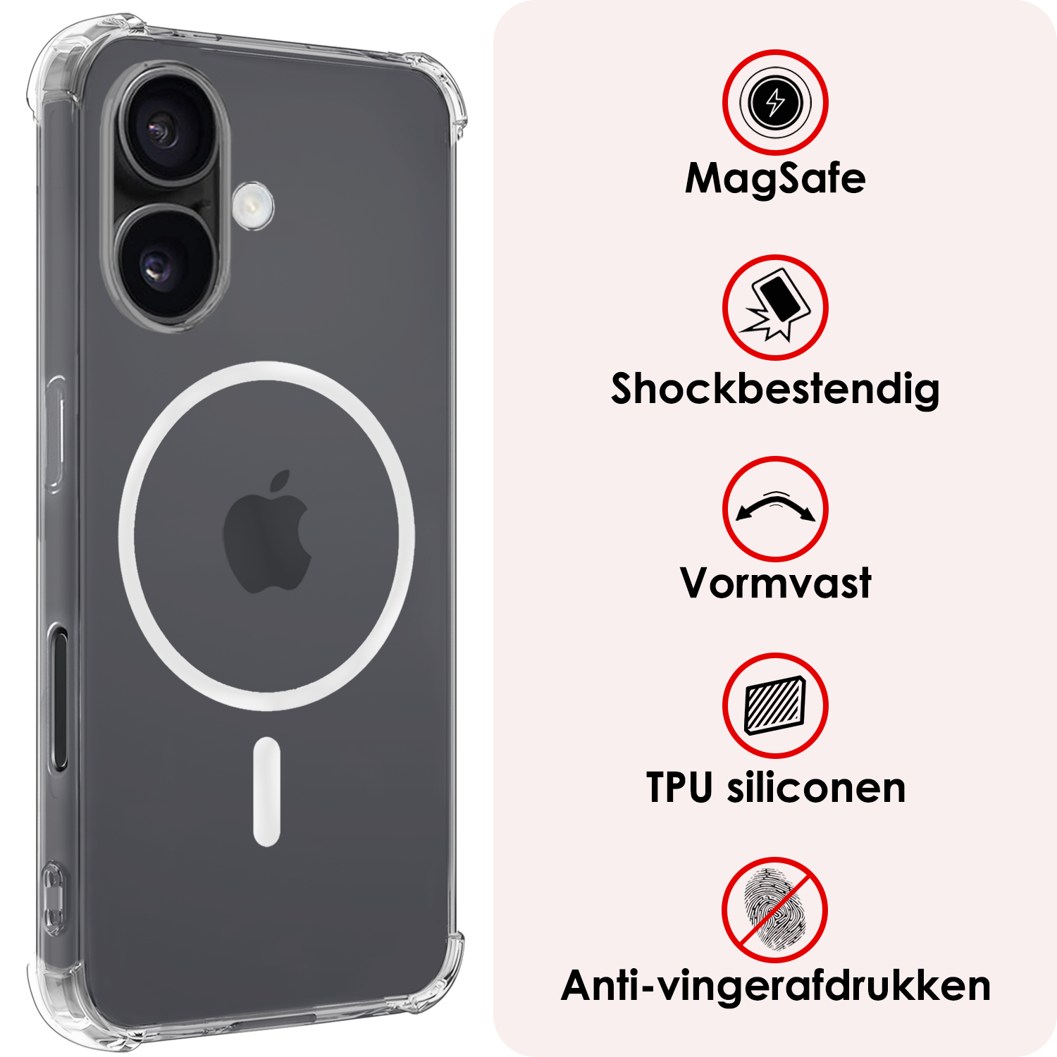 NoXx Hoes Geschikt voor iPhone 16 Hoesje Geschikt voor Magsafe Hoesje Cover Shock Proof Case - Transparant - 2x