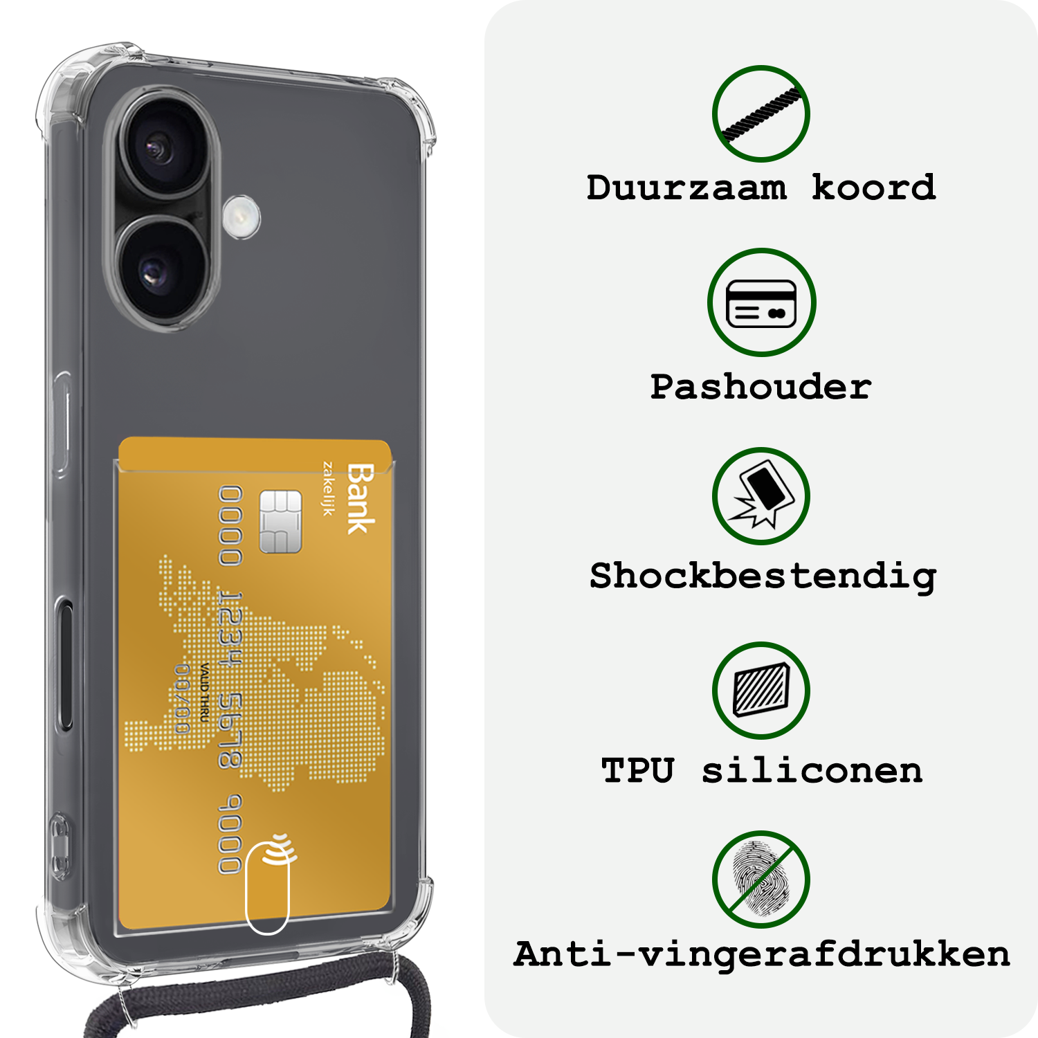 BASEY. Hoes Geschikt voor iPhone 16 Hoesje Pas Houder Shock Proof Case Hoes Met Koord Met 2x Screenprotector - Hoesje Geschikt voor iPhone 16 Hoes Met Telefoonkoord Pasjeshouder Cover - Transparant