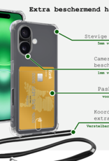 BASEY. Hoes Geschikt voor iPhone 16 Hoesje Pas Houder Shock Proof Case Hoes Met Koord Met 2x Screenprotector - Hoesje Geschikt voor iPhone 16 Hoes Met Telefoonkoord Pasjeshouder Cover - Transparant