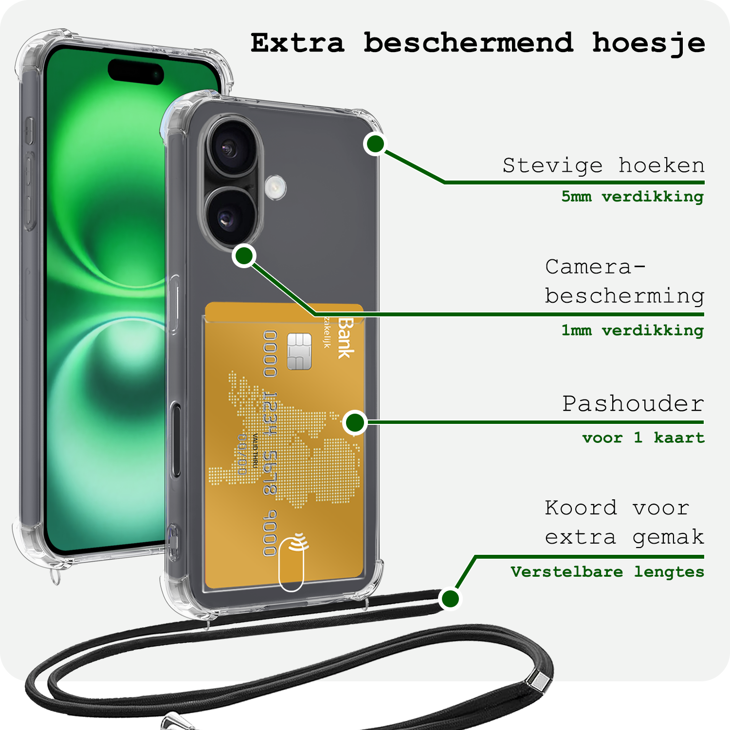 BASEY. Hoes Geschikt voor iPhone 16 Hoesje Pas Houder Shock Proof Case Hoes Met Koord Met 2x Screenprotector - Hoesje Geschikt voor iPhone 16 Hoes Met Telefoonkoord Pasjeshouder Cover - Transparant