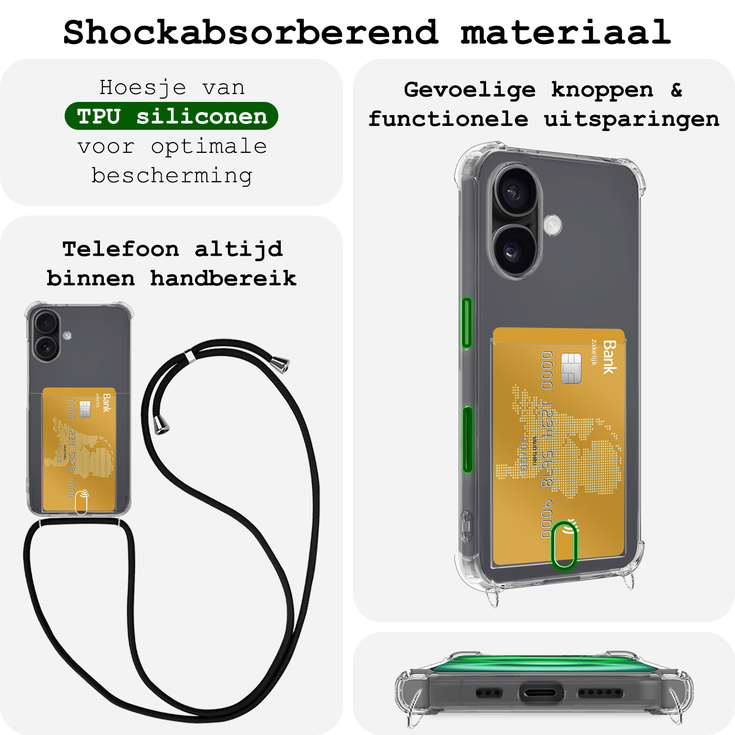 BASEY. Hoes Geschikt voor iPhone 16 Hoesje Pas Houder Shock Proof Case Hoes Met Koord Met 2x Screenprotector - Hoesje Geschikt voor iPhone 16 Hoes Met Telefoonkoord Pasjeshouder Cover - Transparant