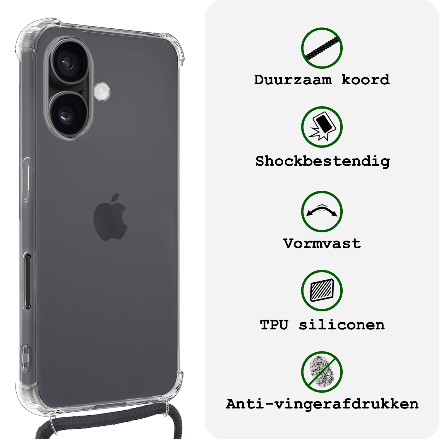BASEY. Hoes Geschikt voor iPhone 16 Hoesje Shock Proof Case Met Koord Shock Hoes Met Koord - Hoesje Geschikt voor iPhone 16 Hoes Cover Met Koord - Transparant