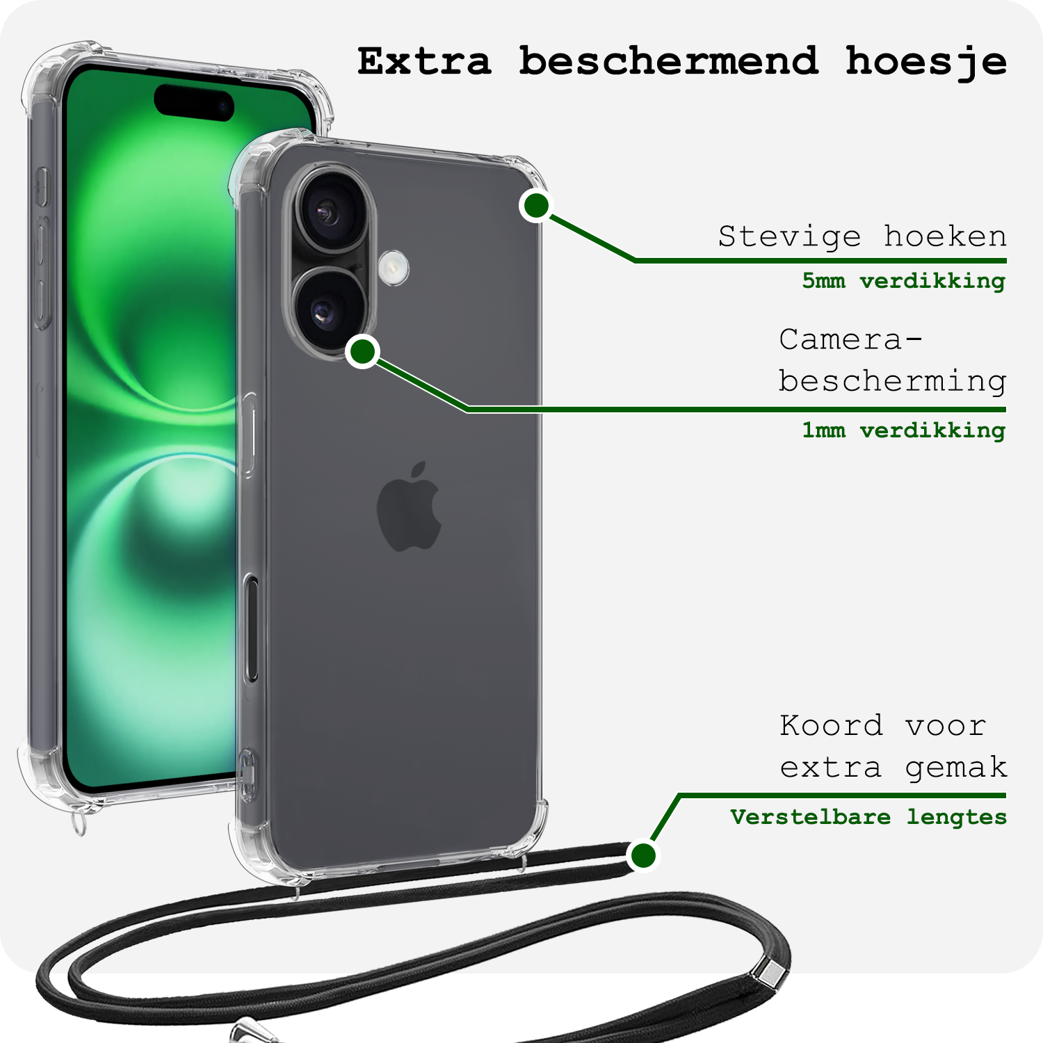 BASEY. Hoes Geschikt voor iPhone 16 Hoesje Shock Proof Case Met Koord Shock Hoes Met Koord - Hoesje Geschikt voor iPhone 16 Hoes Cover Met Koord - Transparant