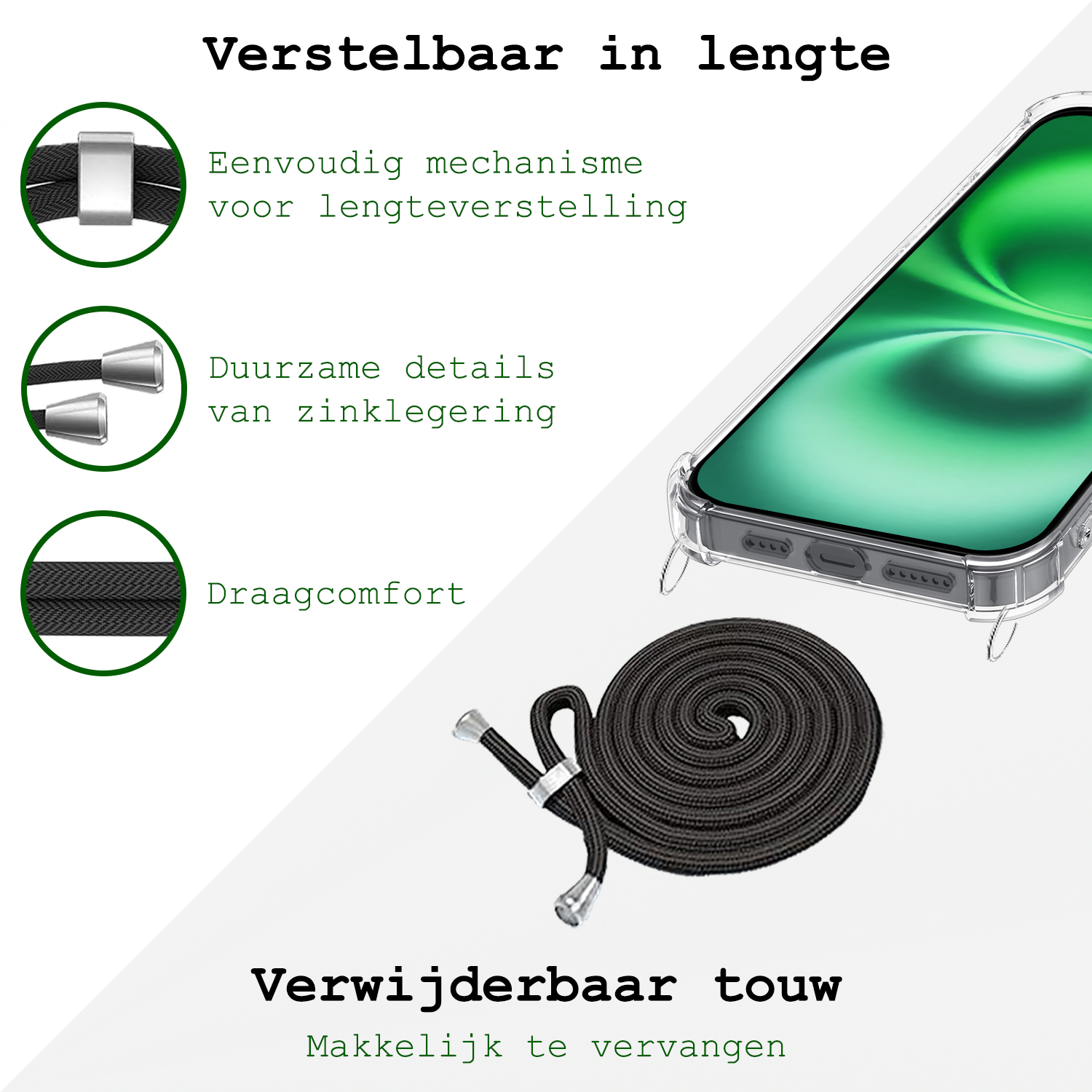 BASEY. Hoes Geschikt voor iPhone 16 Hoesje Shock Proof Case Met Koord Shock Hoes Met Koord - Hoesje Geschikt voor iPhone 16 Hoes Cover Met Koord - Transparant