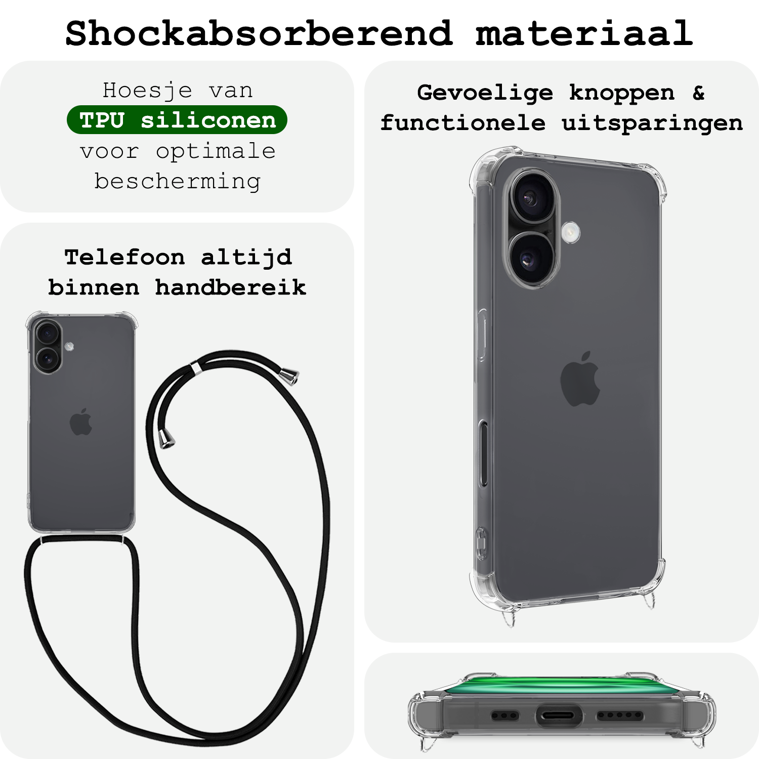 BASEY. Hoes Geschikt voor iPhone 16 Hoesje Shock Proof Case Met Koord Shock Hoes Met Koord - Hoesje Geschikt voor iPhone 16 Hoes Cover Met Koord - Transparant