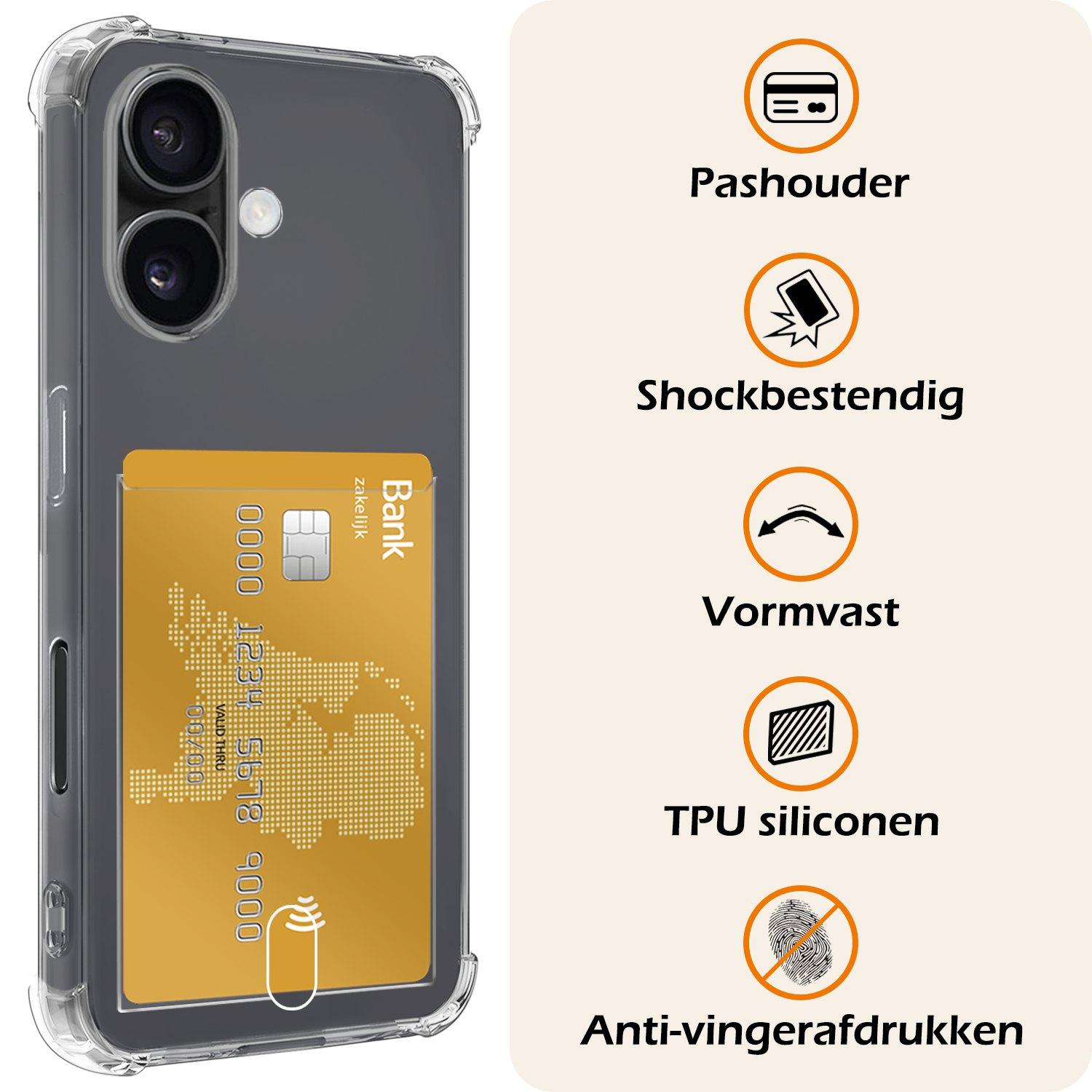 Nomfy Hoesje Geschikt voor iPhone 16 Hoesje Pasjeshouder Shockproof Pas Houder - Hoesje Geschikt voor iPhone 16 Hoes Met Kaarthouder - Transparant - 2 PACK