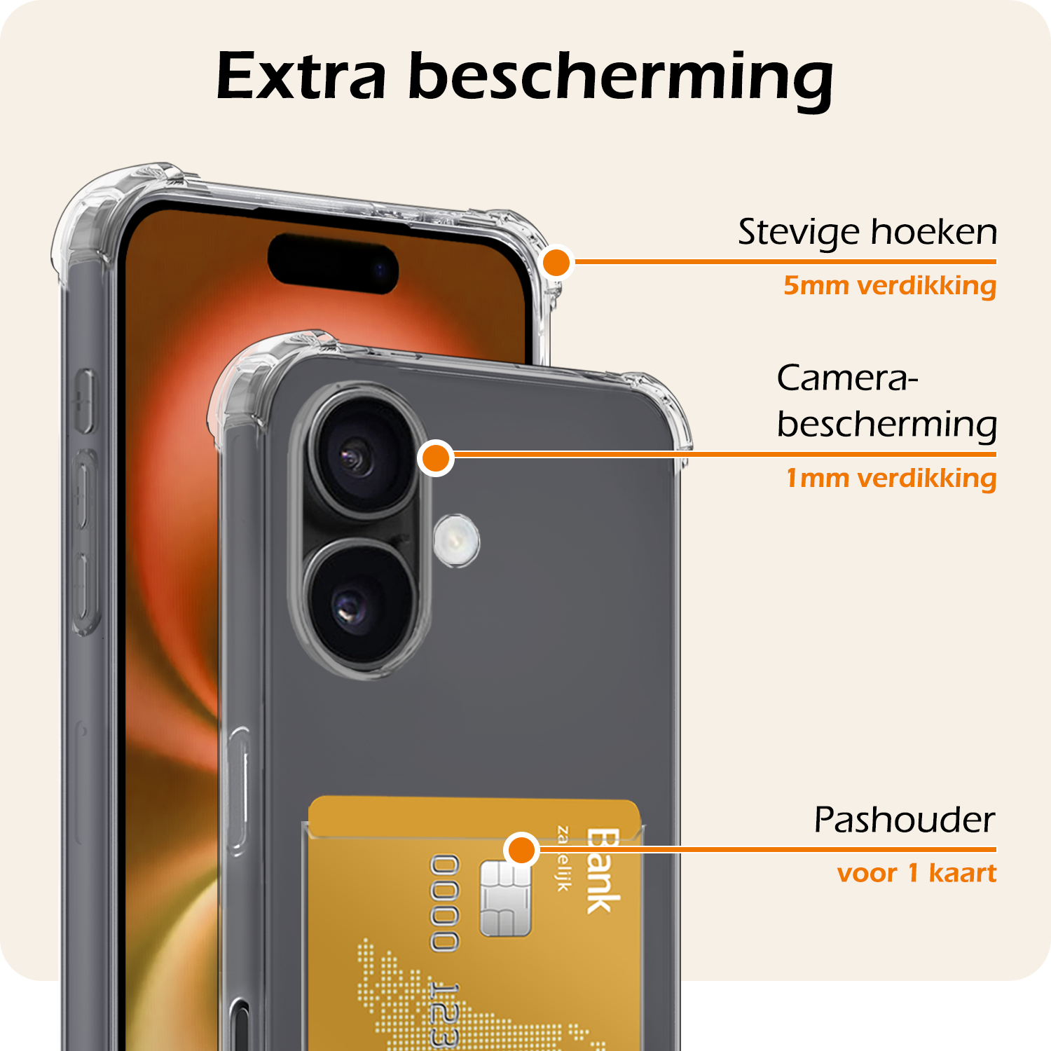 Nomfy Hoesje Geschikt voor iPhone 16 Hoesje Pasjeshouder Shockproof Pas Houder - Hoesje Geschikt voor iPhone 16 Hoes Met Kaarthouder - Transparant - 2 PACK