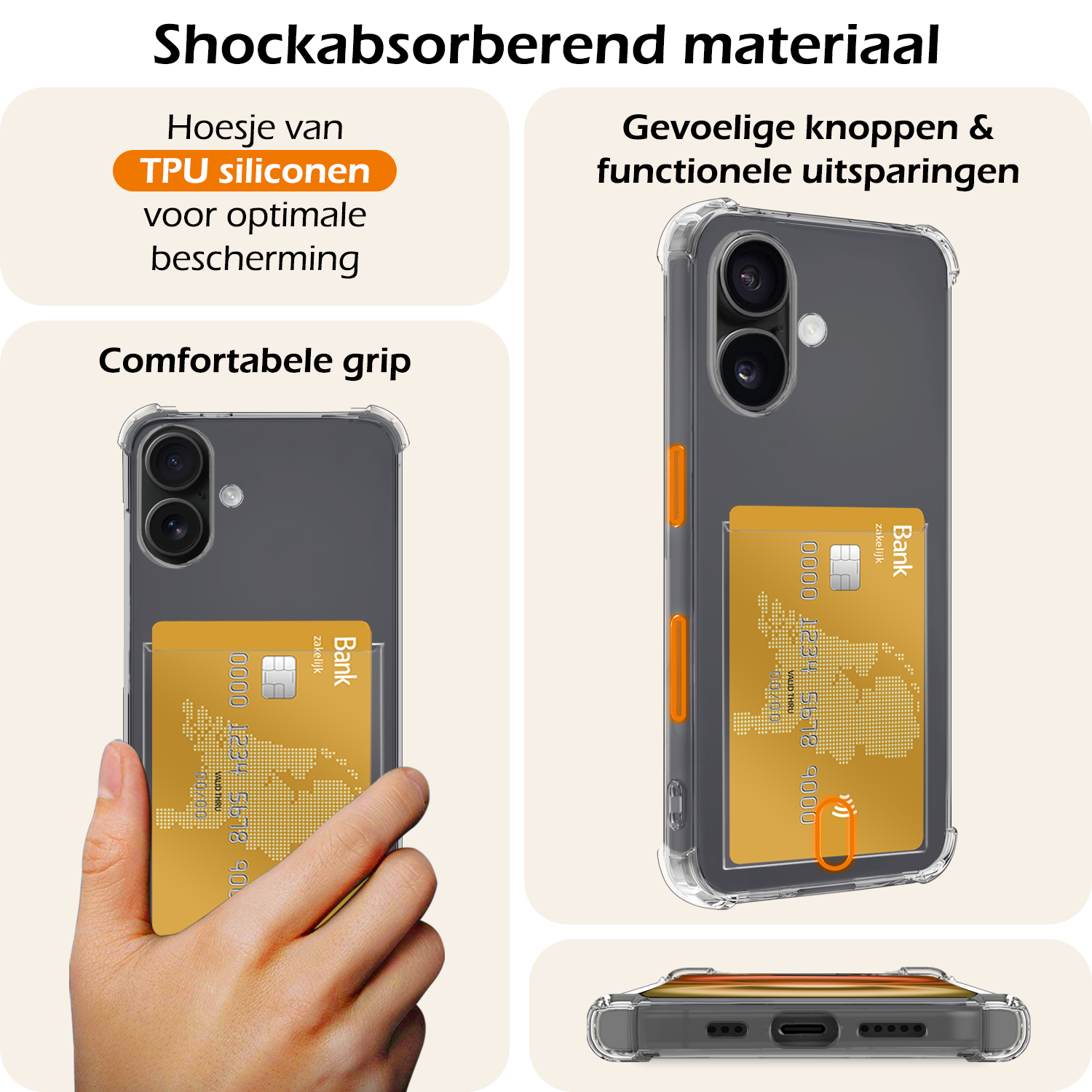 Nomfy Hoesje Geschikt voor iPhone 16 Hoesje Pasjeshouder Shockproof Pas Houder - Hoesje Geschikt voor iPhone 16 Hoes Met Kaarthouder - Transparant - 2 PACK
