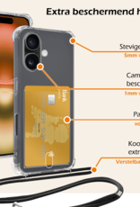 Nomfy Hoesje Geschikt voor iPhone 16 Hoesje Met Telefoonketting Pasjeshouder Shockproof Case Met Screenprotector Koord - Hoesje Geschikt voor iPhone 16 Hoes Met Kaarthouder - Transparant