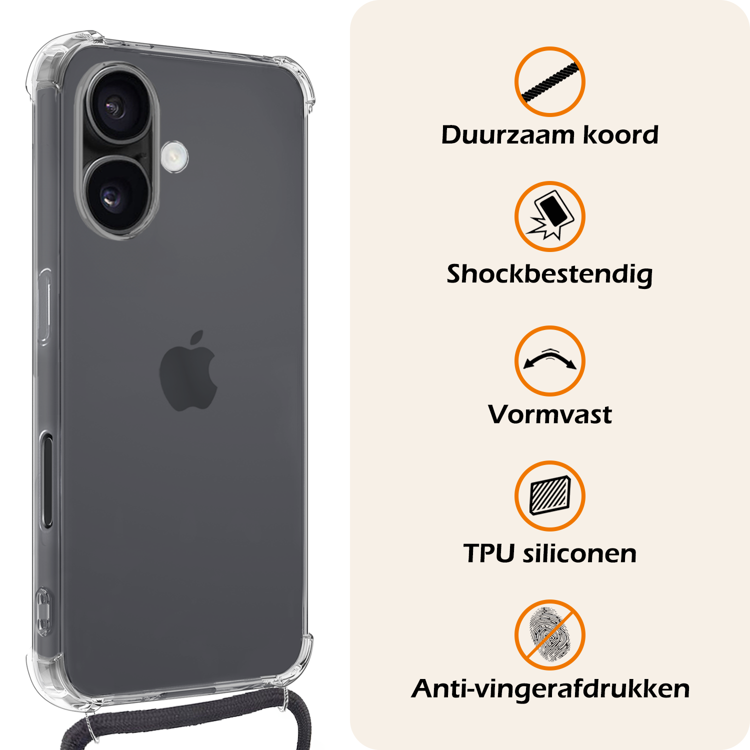 Nomfy Hoesje Geschikt voor iPhone 16 Hoesje Shock Proof Transparant Met Telefoonketting Case Shock Koord - Hoesje Geschikt voor iPhone 16 Shock Proof Case Met Koord - Transparant