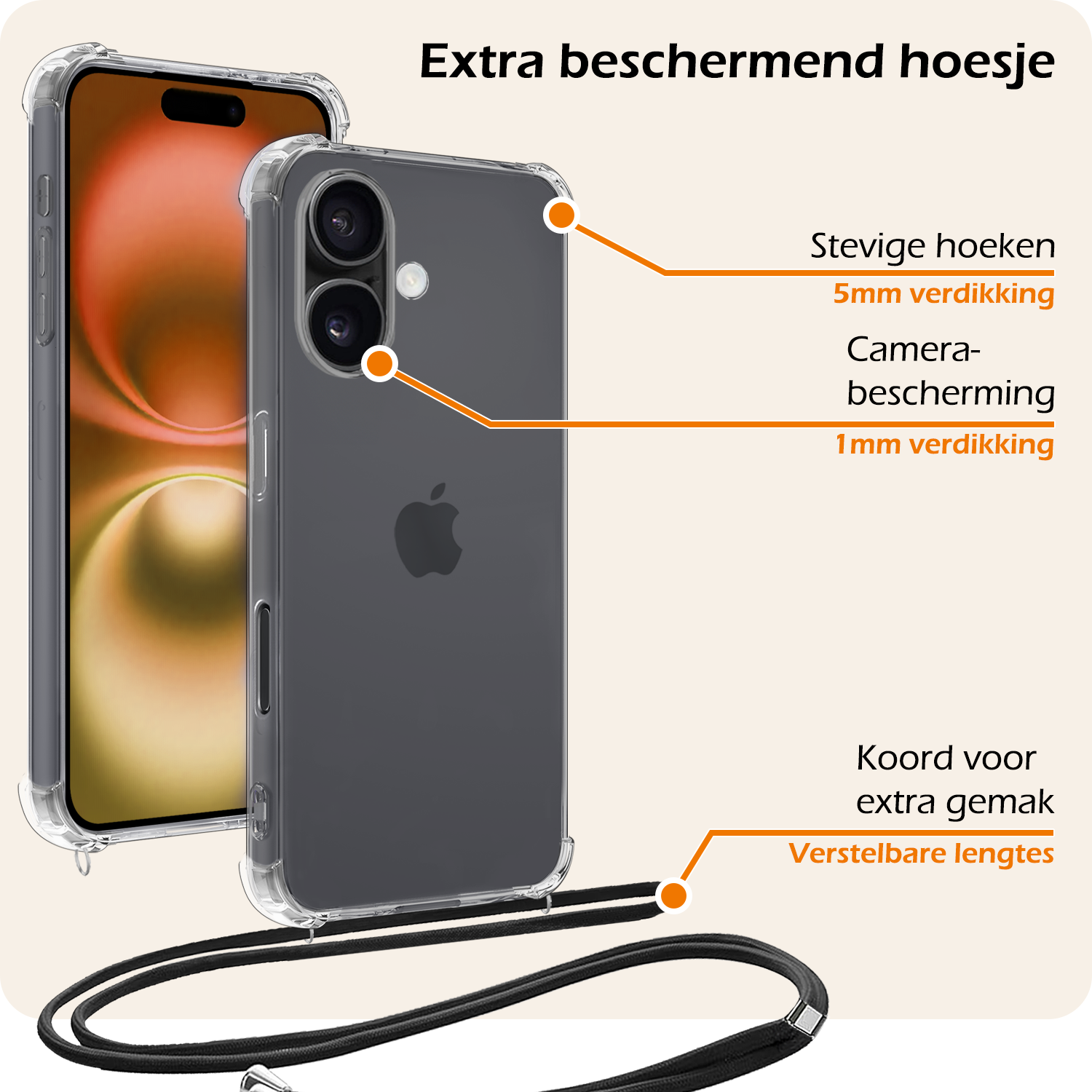 Nomfy Hoesje Geschikt voor iPhone 16 Hoesje Shock Proof Transparant Met Telefoonketting Case Shock Koord - Hoesje Geschikt voor iPhone 16 Shock Proof Case Met Koord - Transparant