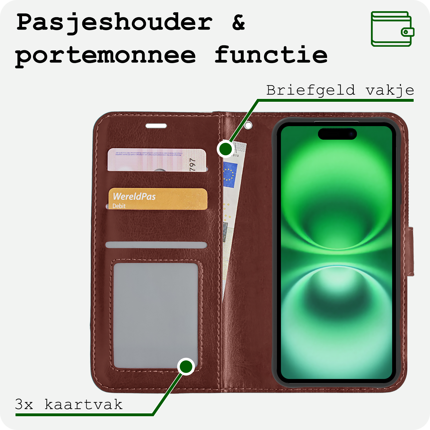 BASEY. Hoes Geschikt voor iPhone 16 Hoesje Bookcase Hoes Flip Case Book Cover Met 2x Screenprotector - Hoesje Geschikt voor iPhone 16 Hoes Book Case Hoesje - Bruin