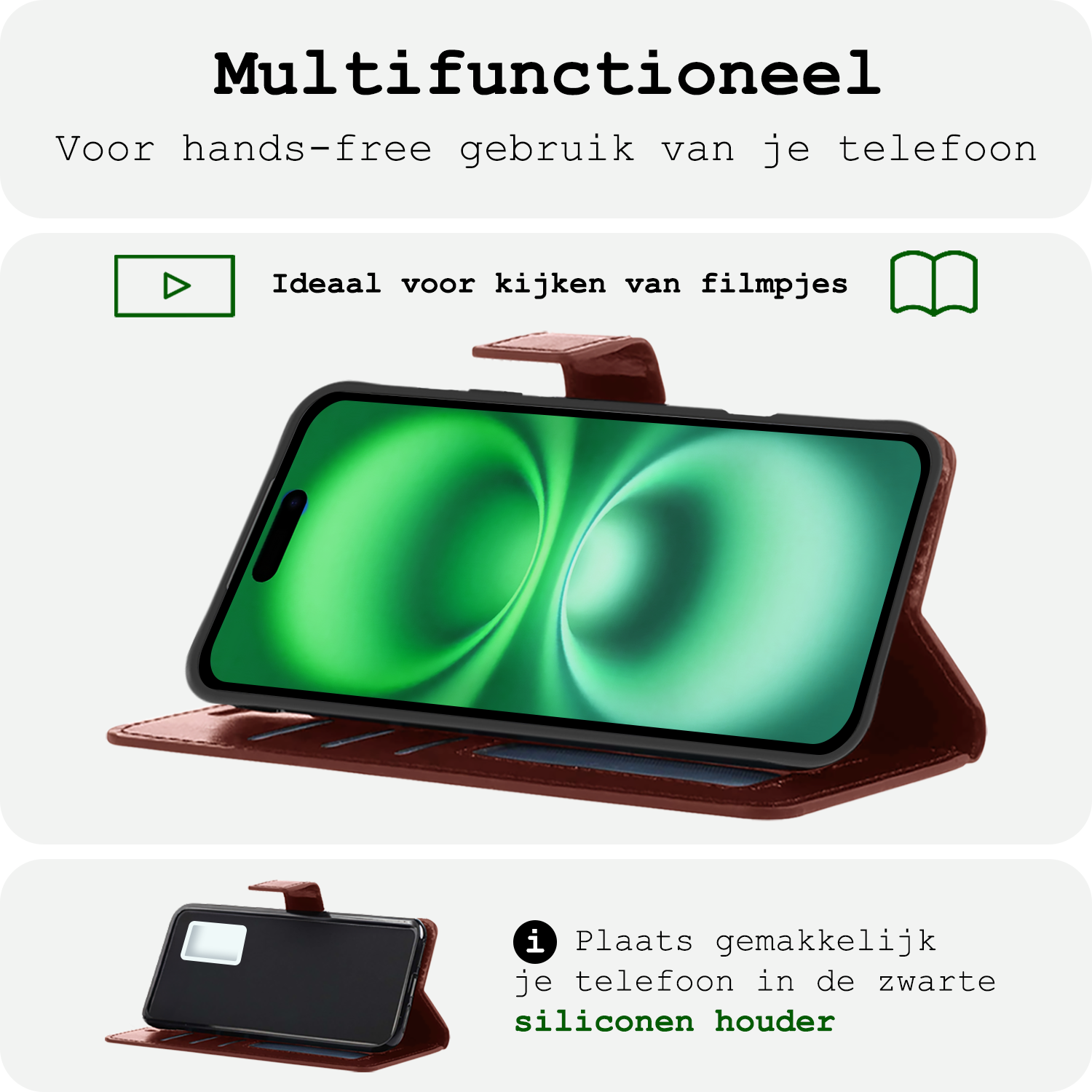 BASEY. Hoes Geschikt voor iPhone 16 Hoesje Bookcase Hoes Flip Case Book Cover Met 2x Screenprotector - Hoesje Geschikt voor iPhone 16 Hoes Book Case Hoesje - Bruin