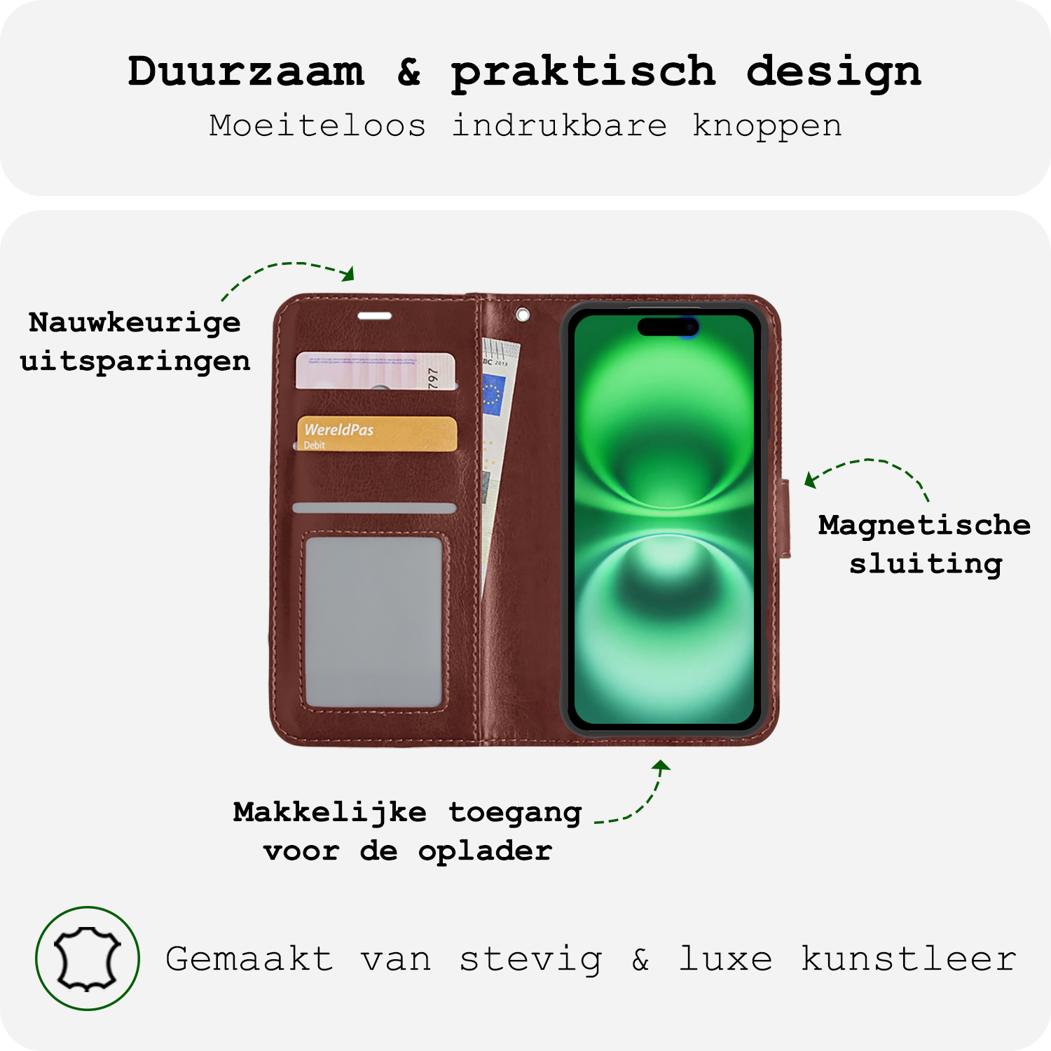 BASEY. Hoes Geschikt voor iPhone 16 Hoesje Bookcase Hoes Flip Case Book Cover Met 2x Screenprotector - Hoesje Geschikt voor iPhone 16 Hoes Book Case Hoesje - Bruin