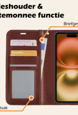 Nomfy Hoesje Geschikt voor iPhone 16 Hoes Bookcase Flipcase Book Cover Met 2x Screenprotector - Hoes Geschikt voor iPhone 16 Hoesje Book Case - Bruin