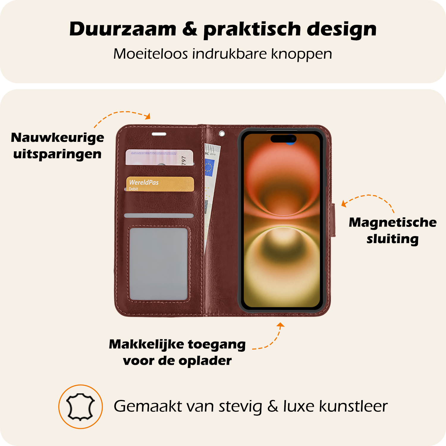 Nomfy Hoesje Geschikt voor iPhone 16 Hoes Bookcase Flipcase Book Cover Met 2x Screenprotector - Hoes Geschikt voor iPhone 16 Hoesje Book Case - Bruin