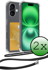 BASEY. Hoes Geschikt voor iPhone 16 Hoesje Pas Houder Shock Proof Case Hoes Met Koord - Hoesje Geschikt voor iPhone 16 Hoes Met Telefoonkoord Pasjeshouder Cover - Transparant - 2 Stuks