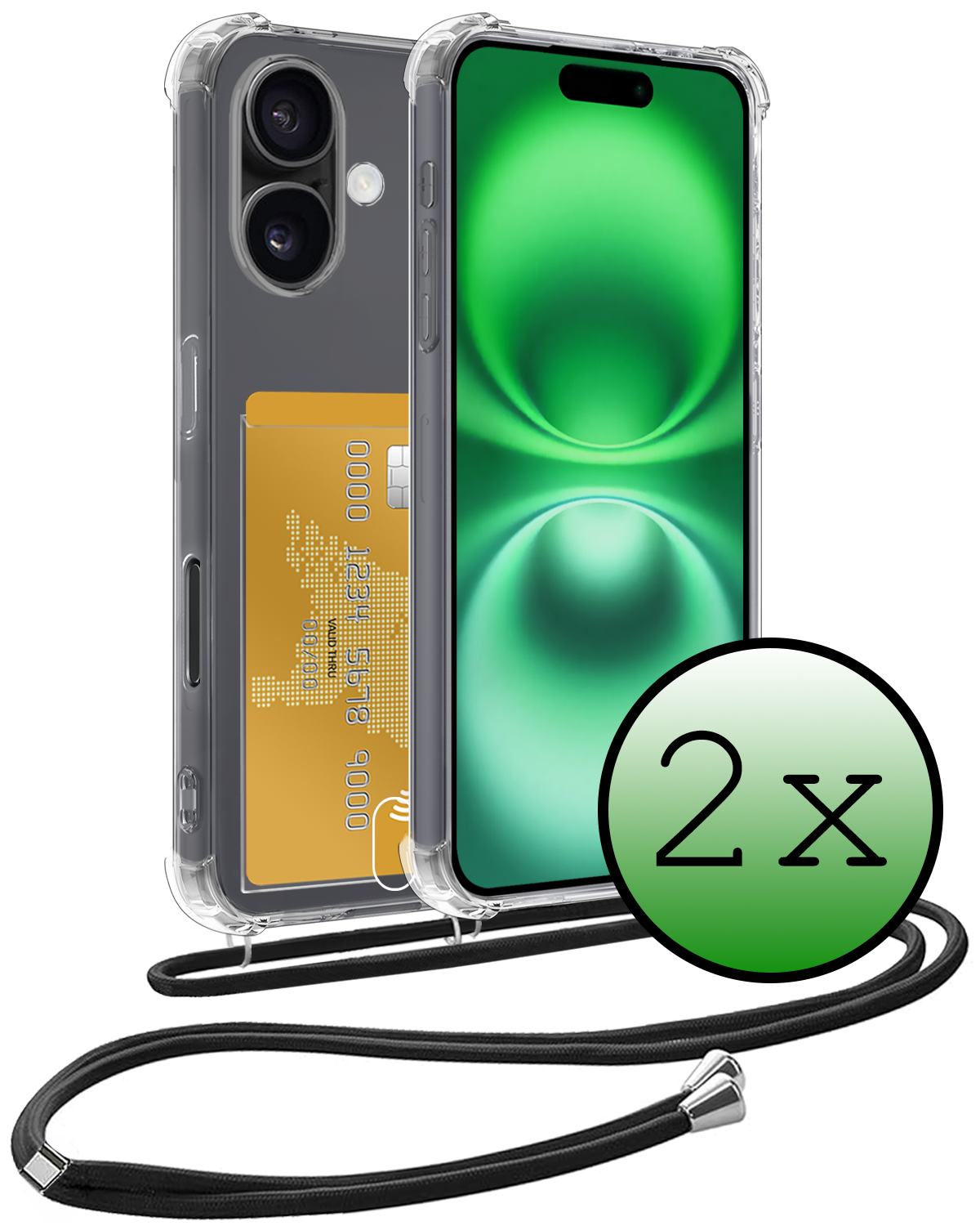 BASEY. Hoes Geschikt voor iPhone 16 Hoesje Pas Houder Shock Proof Case Hoes Met Koord - Hoesje Geschikt voor iPhone 16 Hoes Met Telefoonkoord Pasjeshouder Cover - Transparant - 2 Stuks