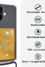 BASEY. Hoes Geschikt voor iPhone 16 Hoesje Pas Houder Shock Proof Case Hoes Met Koord - Hoesje Geschikt voor iPhone 16 Hoes Met Telefoonkoord Pasjeshouder Cover - Transparant - 2 Stuks