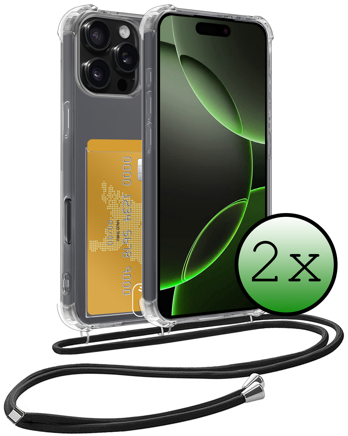 BASEY. Hoes Geschikt voor iPhone 16 Pro Hoesje Pas Houder Shock Proof Case Hoes Met Koord - Hoesje Geschikt voor iPhone 16 Pro Hoes Met Telefoonkoord Pasjeshouder Cover - Transparant - 2 Stuks