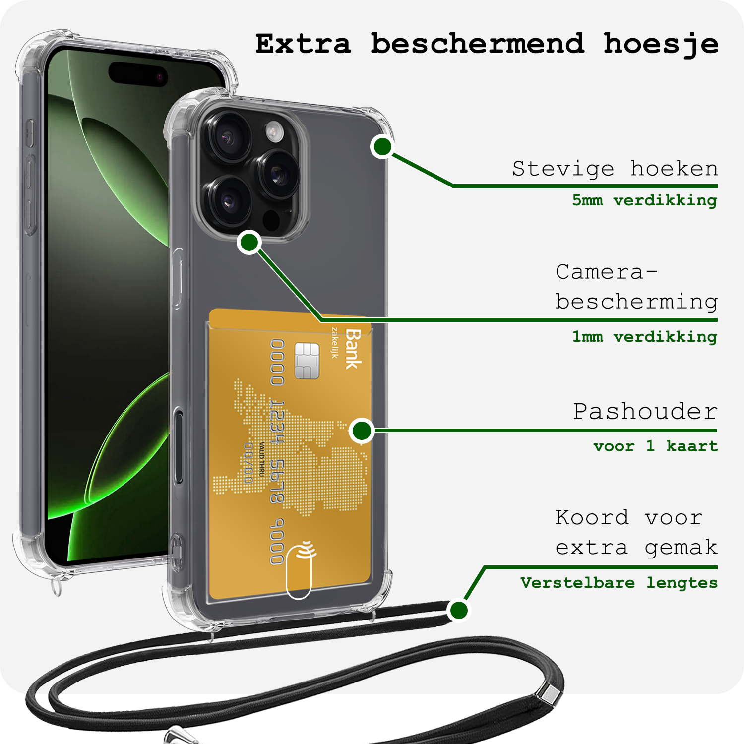 BASEY. Hoes Geschikt voor iPhone 16 Pro Max Hoesje Pas Houder Shock Proof Case Hoes Met Koord - Hoesje Geschikt voor iPhone 16 Pro Max Hoes Met Telefoonkoord Pasjeshouder Cover - Transparant - 2 Stuks