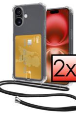 NoXx Hoes Geschikt voor iPhone 16 Hoesje Pasjeshouder Cover Met Koord Shock Proof Case Siliconen Hoes Met Telefoonkoord en Kaarthouder - Transparant - 2 PACK