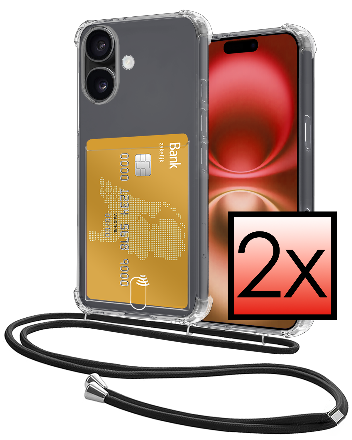 NoXx Hoes Geschikt voor iPhone 16 Plus Hoesje Pasjeshouder Cover Met Koord Shock Proof Case Siliconen Hoes Met Telefoonkoord en Kaarthouder - Transparant - 2 PACK