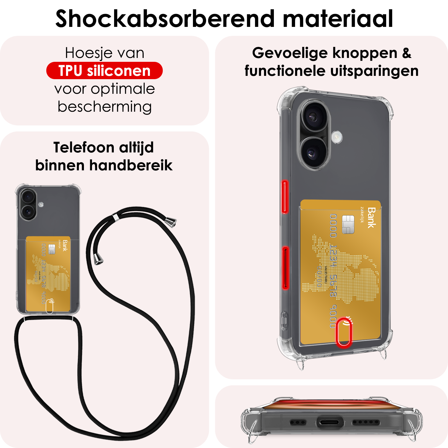NoXx Hoes Geschikt voor iPhone 16 Plus Hoesje Pasjeshouder Cover Met Koord Shock Proof Case Siliconen Hoes Met Telefoonkoord en Kaarthouder - Transparant - 2 PACK