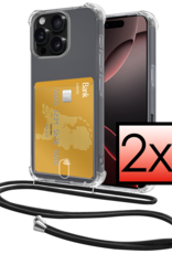 NoXx Hoes Geschikt voor iPhone 16 Pro Hoesje Pasjeshouder Cover Met Koord Shock Proof Case Siliconen Hoes Met Telefoonkoord en Kaarthouder - Transparant - 2 PACK