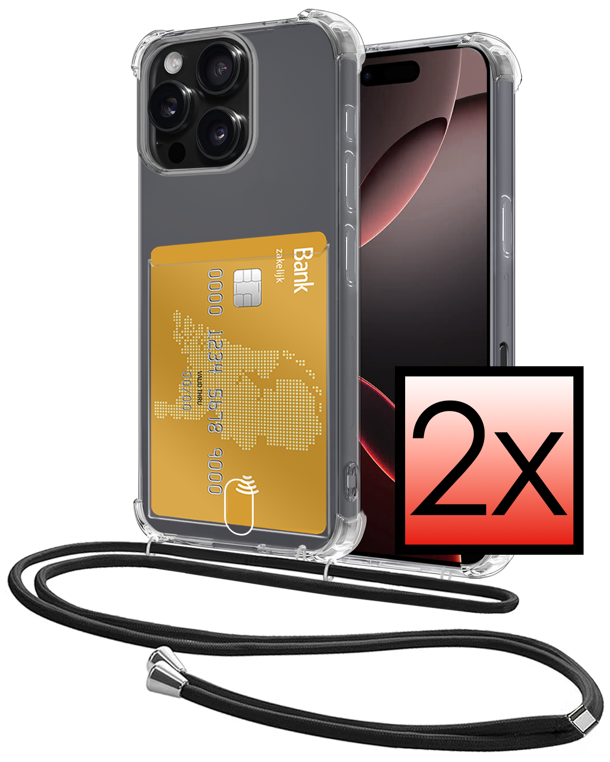 NoXx Hoes Geschikt voor iPhone 16 Pro Hoesje Pasjeshouder Cover Met Koord Shock Proof Case Siliconen Hoes Met Telefoonkoord en Kaarthouder - Transparant - 2 PACK