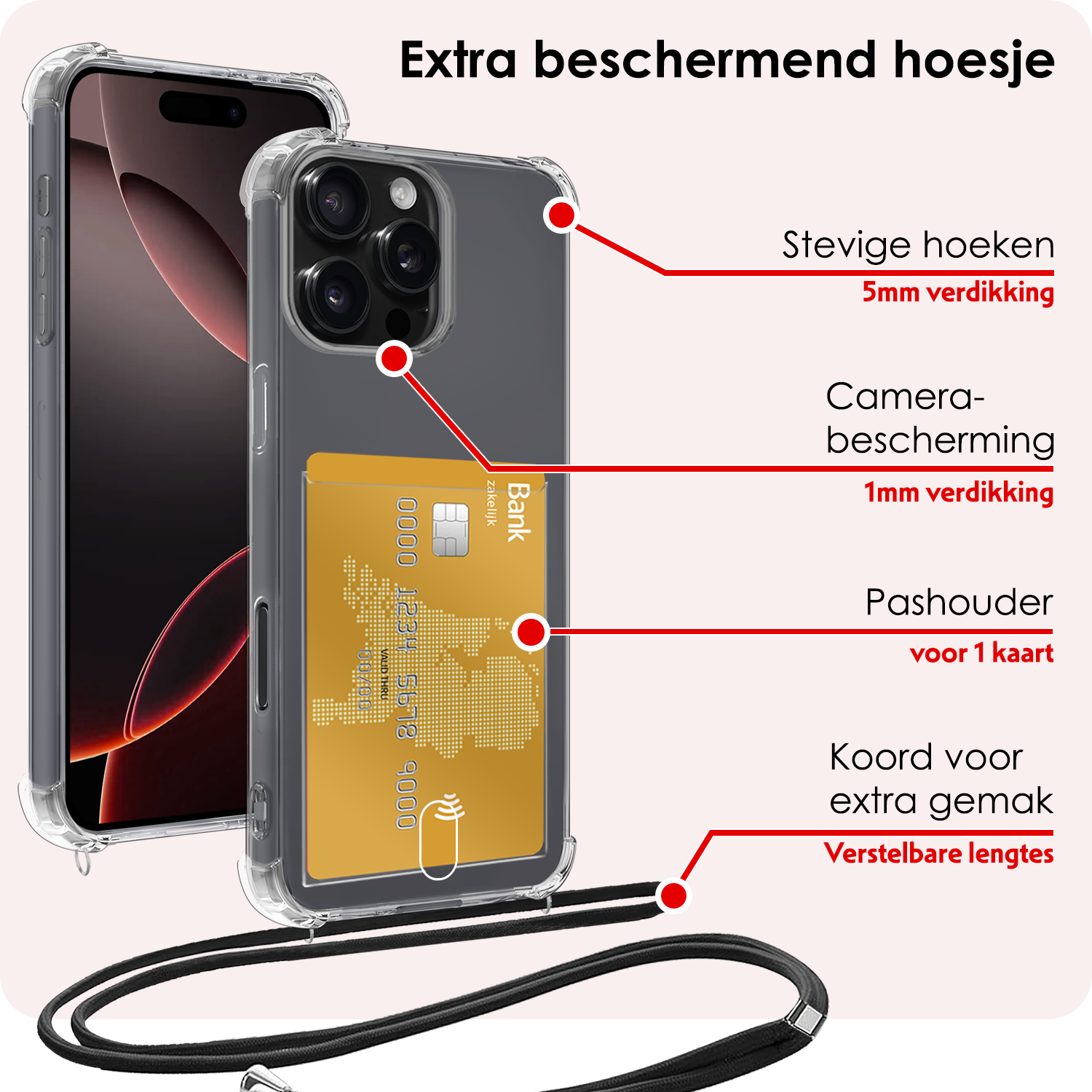 NoXx Hoes Geschikt voor iPhone 16 Pro Max Hoesje Pasjeshouder Cover Met Koord Shock Proof Case Siliconen Hoes Met Telefoonkoord en Kaarthouder - Transparant - 2 PACK