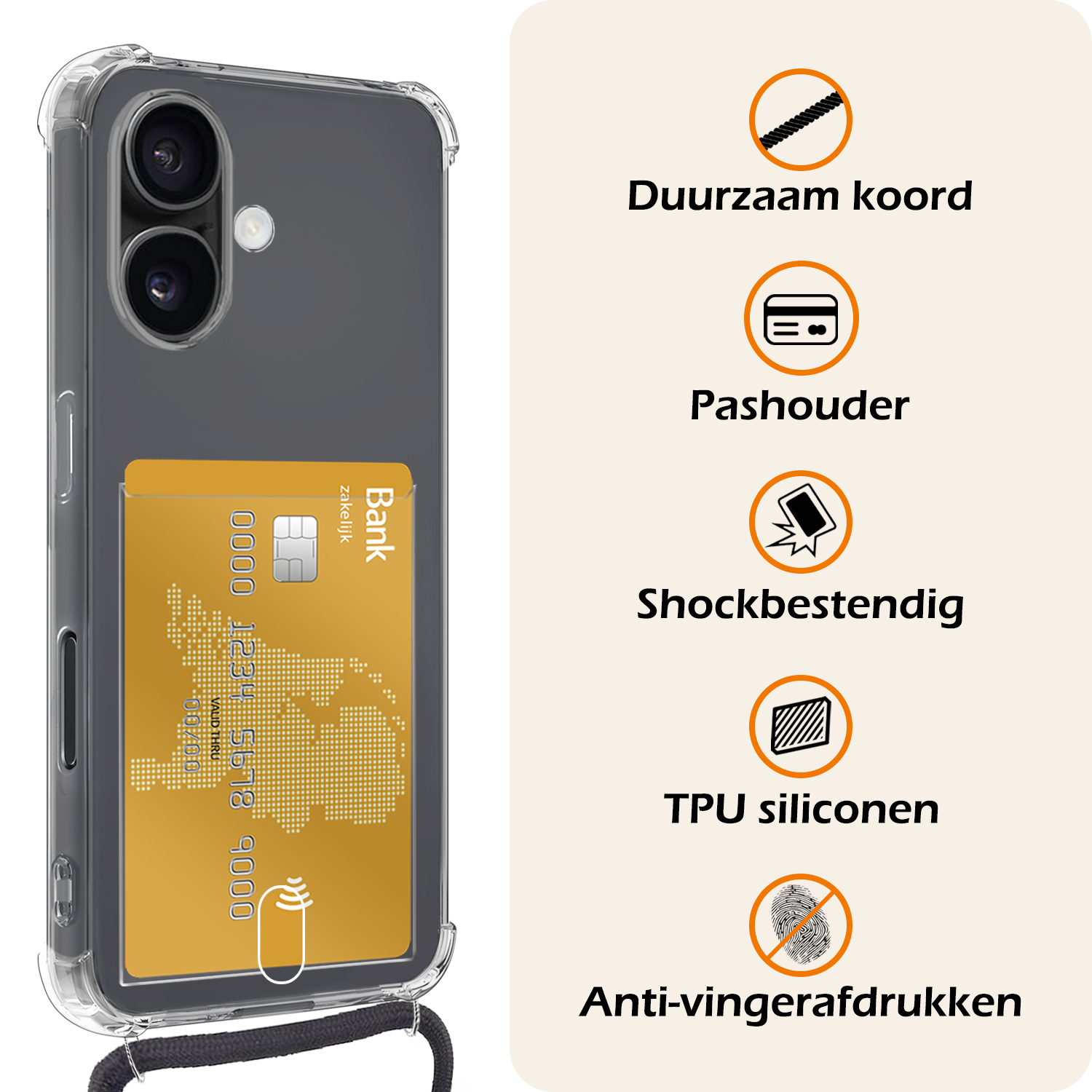 Nomfy Hoesje Geschikt voor iPhone 16 Hoesje Met Telefoonketting Pasjeshouder Shockproof Case Koord - Hoesje Geschikt voor iPhone 16 Hoes Met Kaarthouder - Transparant - 2 PACK