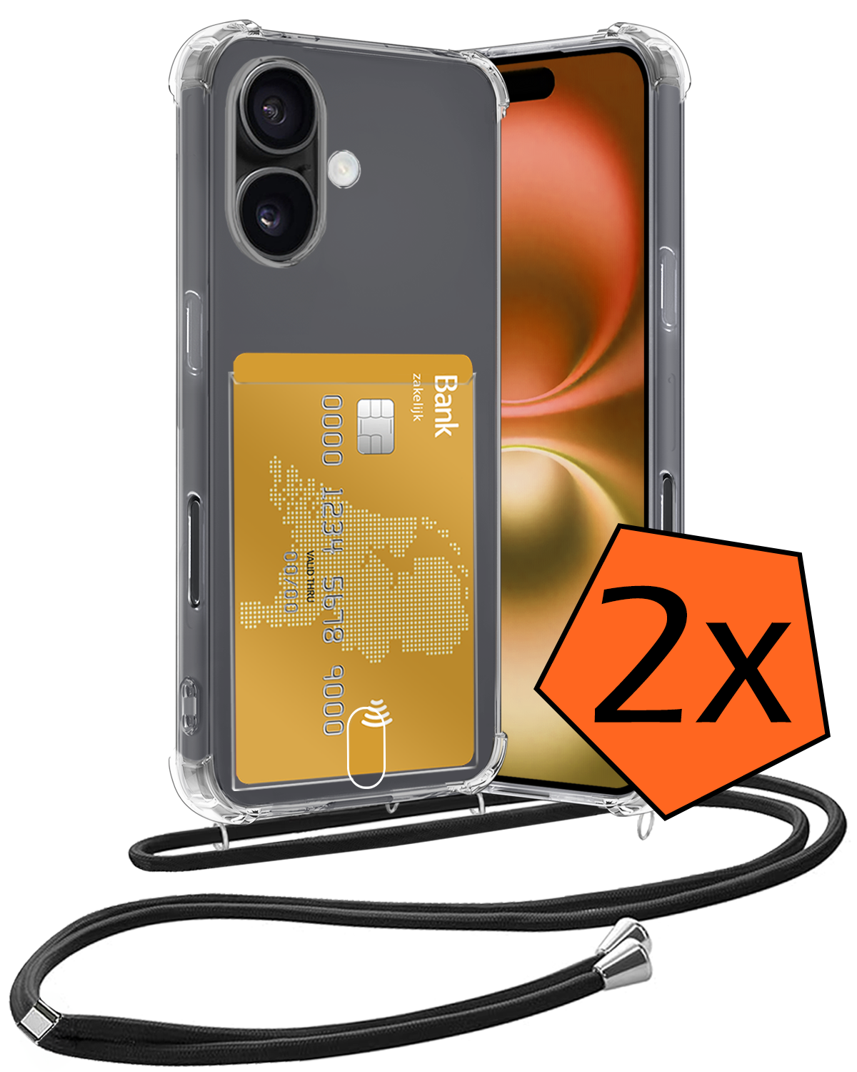 Nomfy Hoesje Geschikt voor iPhone 16 Plus Hoesje Met Telefoonketting Pasjeshouder Shockproof Case Koord - Hoesje Geschikt voor iPhone 16 Plus Hoes Met Kaarthouder - Transparant - 2 PACK