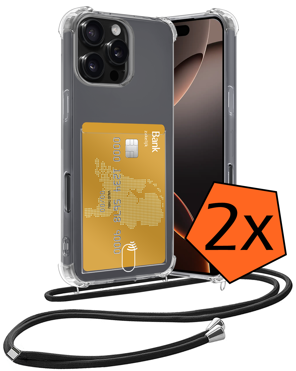 Nomfy Hoesje Geschikt voor iPhone 16 Pro Max Hoesje Met Telefoonketting Pasjeshouder Shockproof Case Koord - Hoesje Geschikt voor iPhone 16 Pro Max Hoes Met Kaarthouder - Transparant - 2 PACK