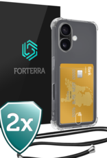 Forterra Hoesje Geschikt voor iPhone 16 Pashouder Case Siliconen Hoes Met Koord - Hoes Geschikt voor iPhone 16 Met Telefoonkoord Hoesje Back Cover Met Pasjeshouder - Transparant - 2 PACK