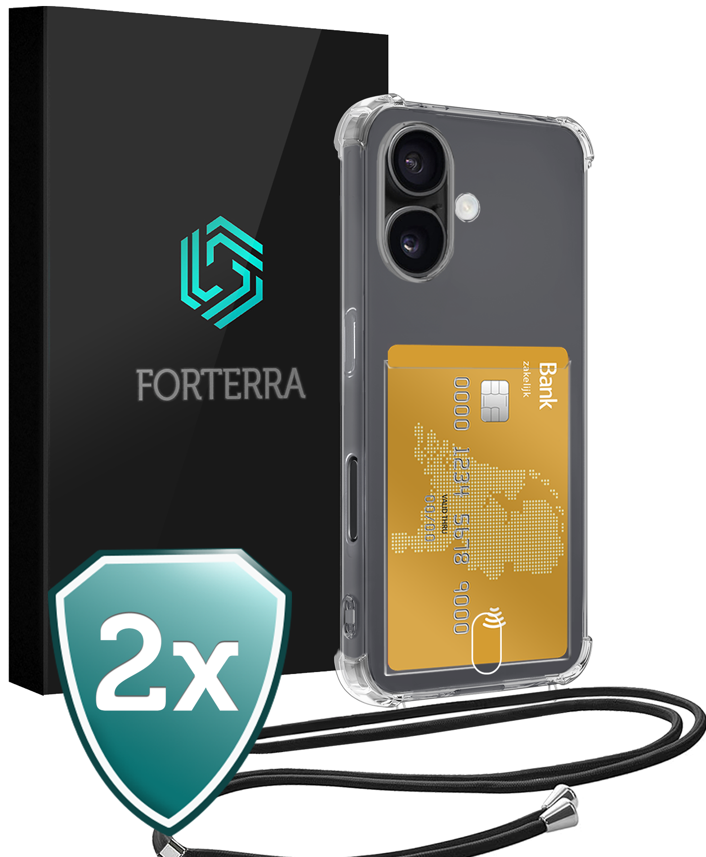 Forterra Hoesje Geschikt voor iPhone 16 Pashouder Case Siliconen Hoes Met Koord - Hoes Geschikt voor iPhone 16 Met Telefoonkoord Hoesje Back Cover Met Pasjeshouder - Transparant - 2 PACK