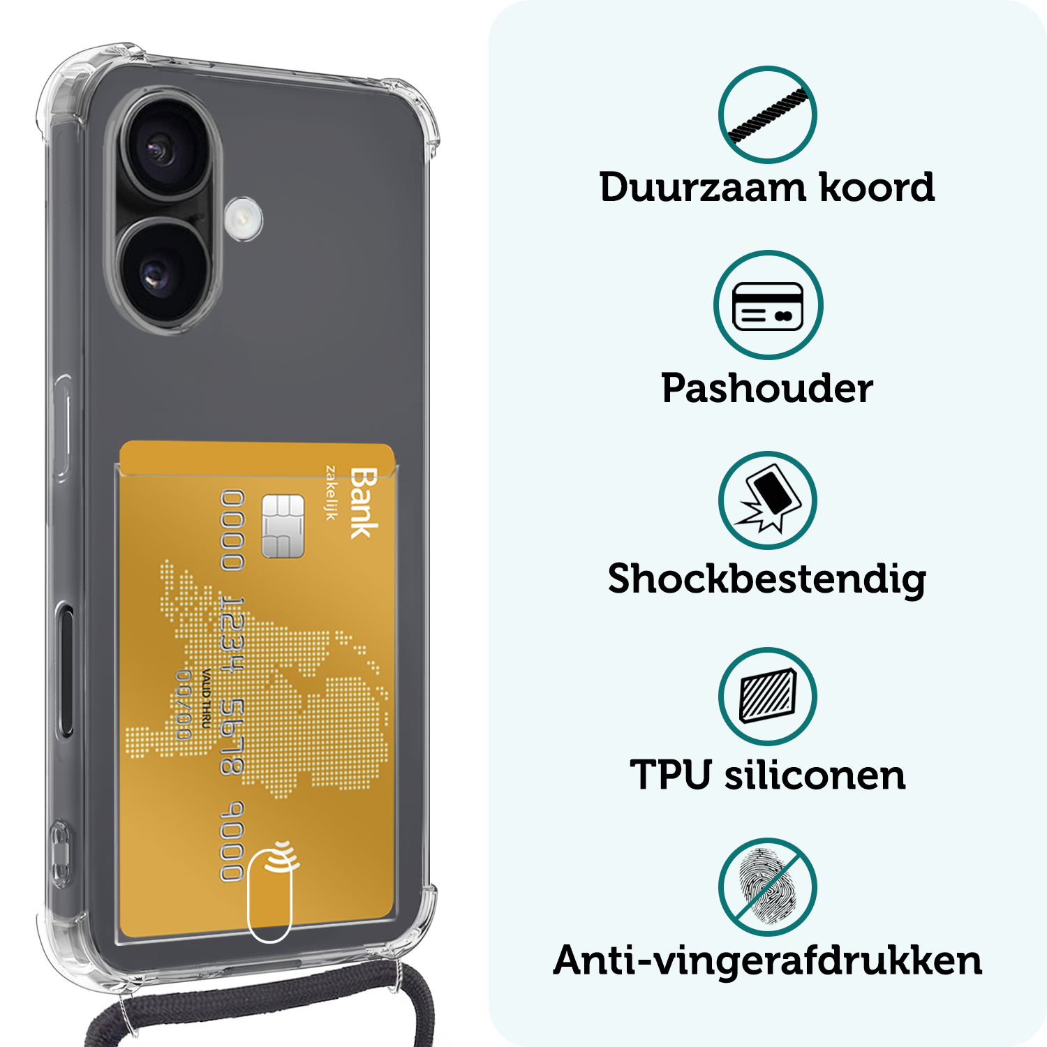 Forterra Hoesje Geschikt voor iPhone 16 Pashouder Case Siliconen Hoes Met Koord - Hoes Geschikt voor iPhone 16 Met Telefoonkoord Hoesje Back Cover Met Pasjeshouder - Transparant - 2 PACK