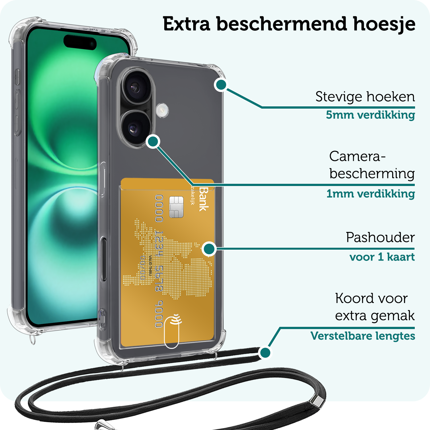 Forterra Hoesje Geschikt voor iPhone 16 Pashouder Case Siliconen Hoes Met Koord - Hoes Geschikt voor iPhone 16 Met Telefoonkoord Hoesje Back Cover Met Pasjeshouder - Transparant - 2 PACK