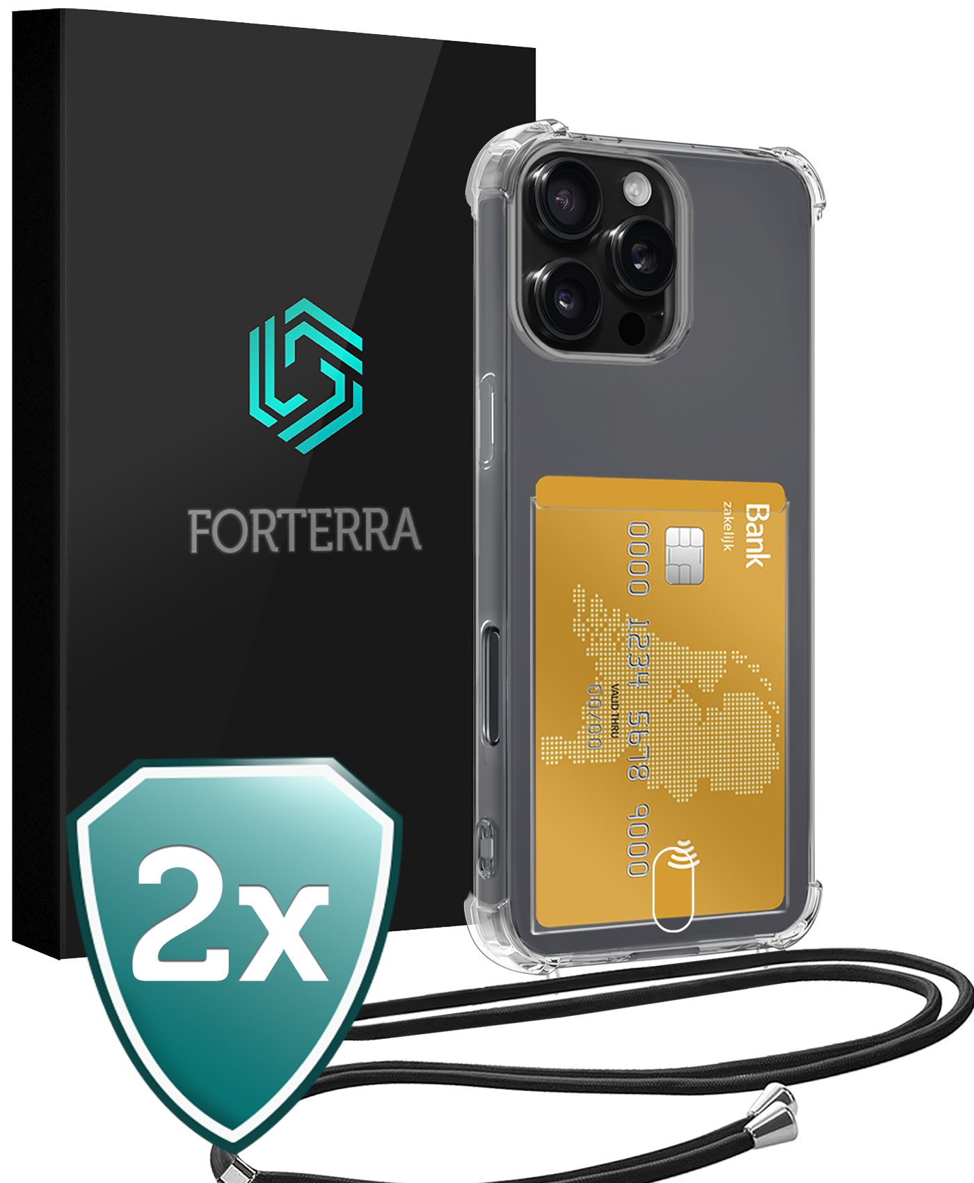 Forterra Hoesje Geschikt voor iPhone 16 Pro Max Pashouder Case Siliconen Hoes Met Koord - Hoes Geschikt voor iPhone 16 Pro Max Met Telefoonkoord Hoesje Back Cover Met Pasjeshouder - Transparant - 2 PACK