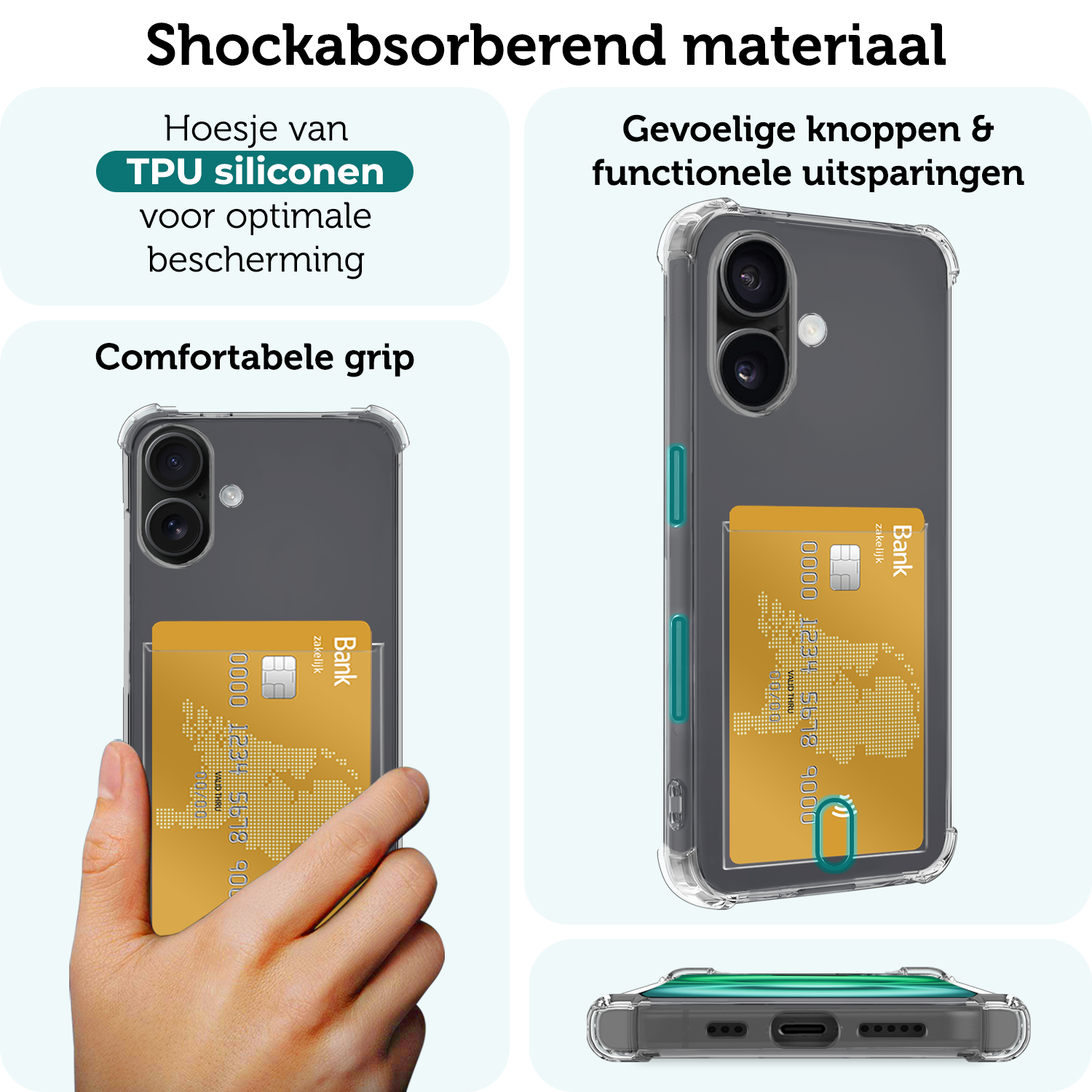 Forterra Hoesje Geschikt voor iPhone 16 Pashouder Case Siliconen Hoes Met 2x Screenprotector - Hoes Geschikt voor iPhone 16 Hoesje Back Cover Met Pasjeshouder - Transparant